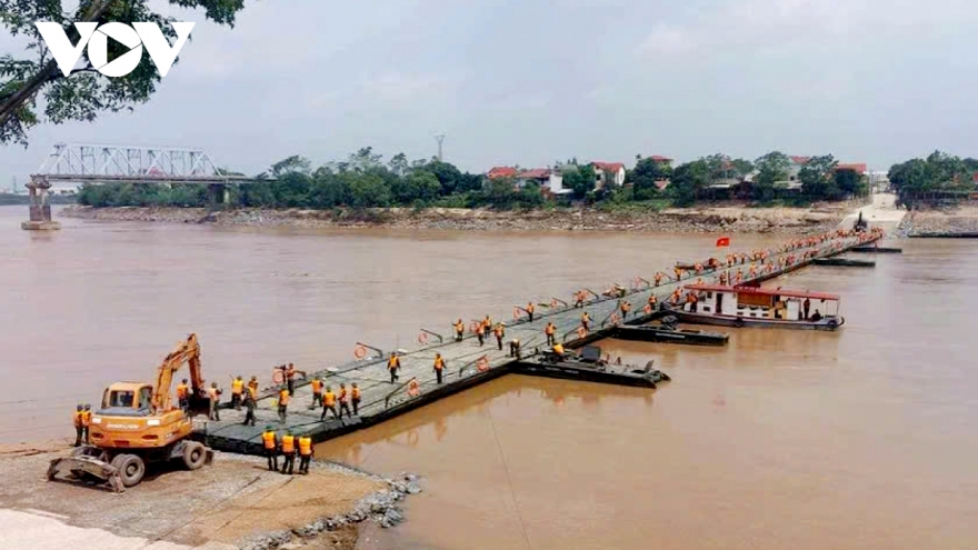 Pontoon bridge takes shape to replace collapsed bridge due to typhoon Yagi